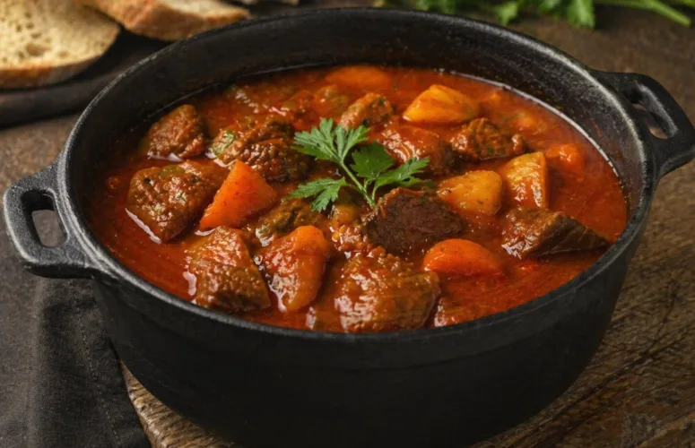 Глубокая тарелка густого красного гуляша с крупными кусочками мяса, картофеля и болгарского перца, украшенная петрушкой
