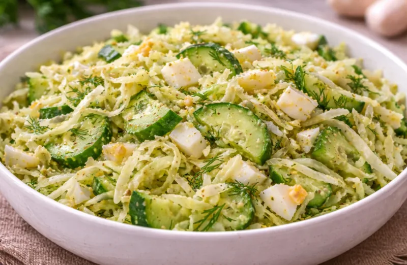 Хрустящий салат из свежей капусты и огурцов, заправленный золотистым горчичным соусом