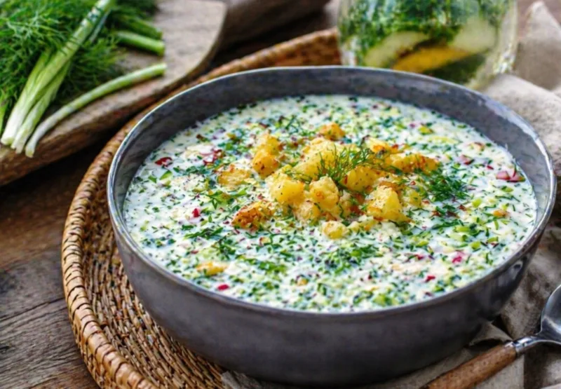 Глубокая тарелка холодной окрошки на айране, украшенная горкой золотистой жареной картошки и свежей зеленью