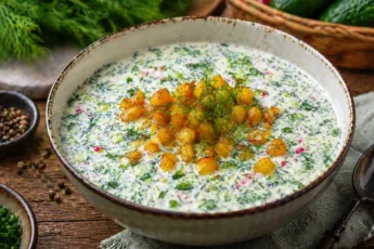 Глубокая тарелка холодной окрошки на айране, украшенная горкой золотистой жареной картошки и свежей зеленью