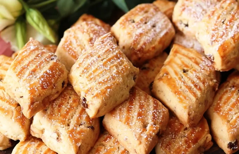 Золотистое печенье в форме ромбов с узором вилкой, посыпанное грецким орехом и сахарной пудрой