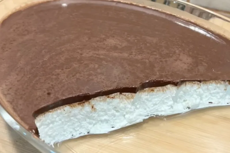 Разрез нежного белого суфле из творога под тонким слоем темной шоколадной глазури в форме