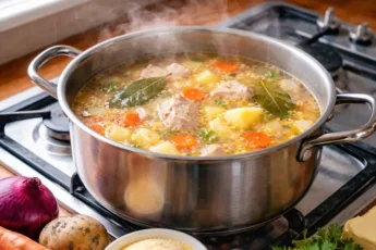 Куриный суп с овощами и манкой в кастрюле, с зеленью