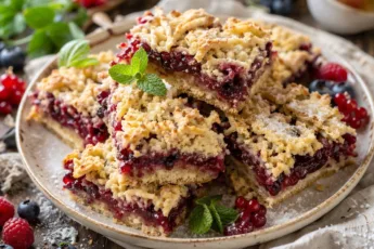 Золотистый тертый пирог, нарезанный на квадраты, с яркой ягодной начинкой внутри