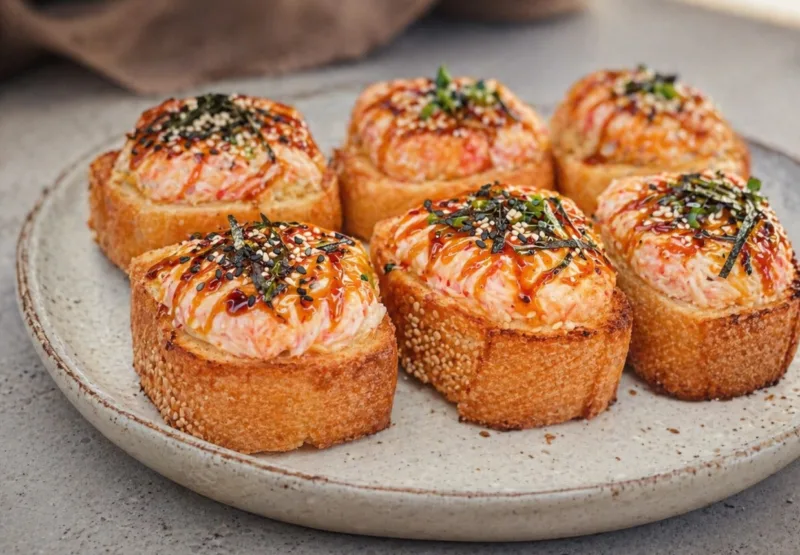 Запеченные японские бутерброды на багете с крабовой начинкой, политые соусом терияки и посыпанные кунжутом