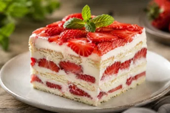 Охлажденный йогуртовый торт с ровными рядами клубники и кусочками печенья на разрезе