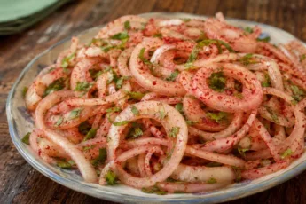 Глубокая тарелка с тонкими кольцами розового маринованного лука, смешанного с рубленой зеленью