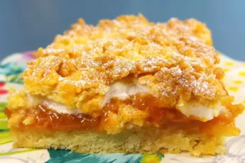 Пышный прямоугольный пирог Каракум с хрустящей золотистой крошкой и прослойкой из безе в разрезе