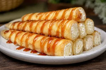 Румяные блинные трубочки с творожной начинкой, аккуратно уложенные на тарелке после духовки