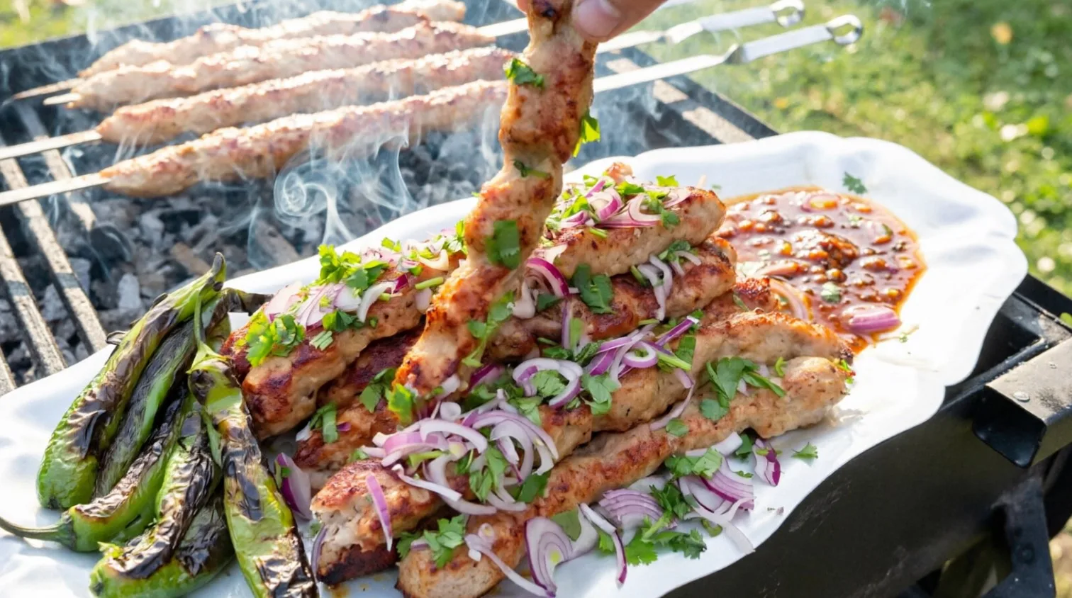 Длинные аппетитные люля-кебабы из куриного фарша с румяной корочкой, зажаренные на шампурах над углями