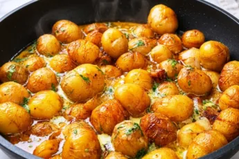 Чугунная сковорода с румяными дольками жареной картошки, покрытой пышным запеченным яйцом и посыпанной свежей зеленью