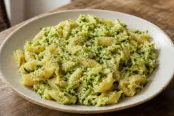 Глубокая тарелка с макаронами-ракушками в густом белом соусе с зелеными вкраплениями кабачка и листиками базилика