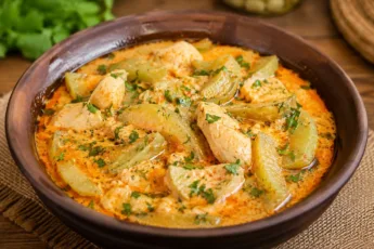 Глубокая тарелка с кусочками нежного куриного мяса и зелеными брусочками кабачков в густом белом соусе, посыпанных зеленью