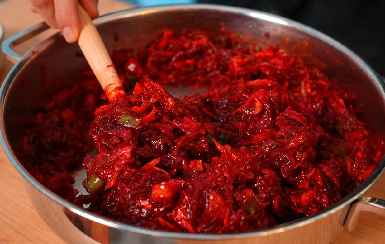 Сочный салат из тушеной свеклы с чесноком и луком