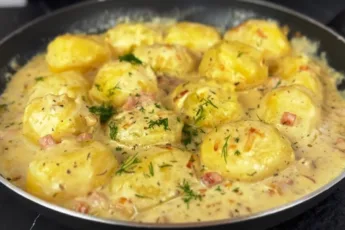 Аппетитные кусочки золотистого картофеля в густом белом сырном соусе с кусочками бекона и зеленью на сковороде