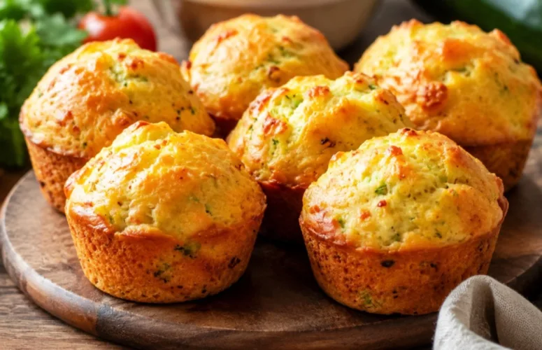 Пышные золотистые кексы с кусочками красных помидоров