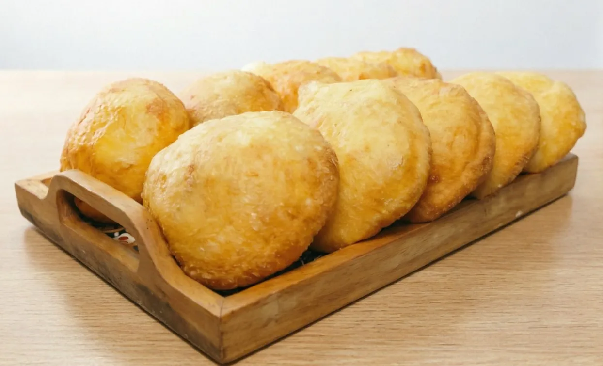 Гора круглых румяных беляшей с мясом, обжаренных до золотистой корочки