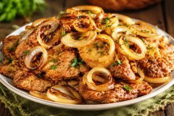 Горка румяных поджаристых кусочков куриной печени в кляре, украшенных тонкими кольцами лука