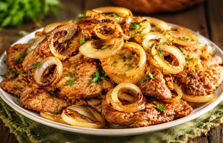 Горка румяных поджаристых кусочков куриной печени в кляре, украшенных тонкими кольцами лука