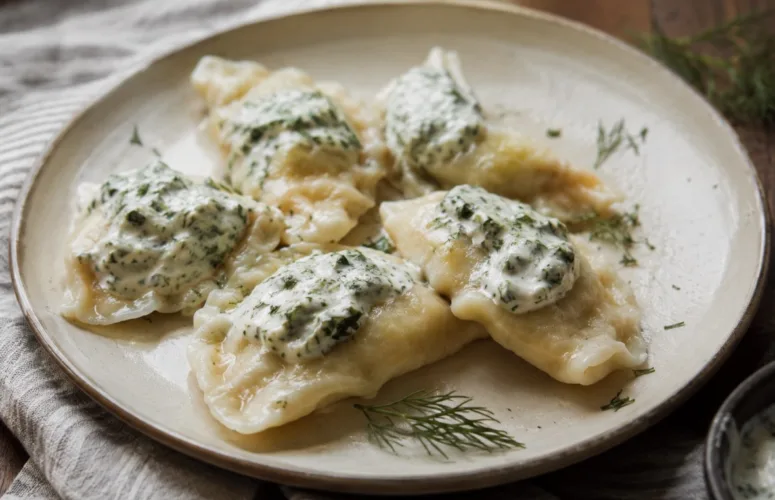 Вареники с картошкой. На очень вкусном тесте. С соусом