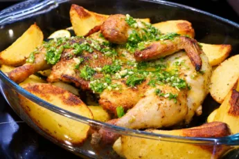 Большой глубокий противень со светлой румяной курицей, разложенной плоской «книжкой», вокруг лежат золотистые дольки картофеля и зеленые кружки кабачков
