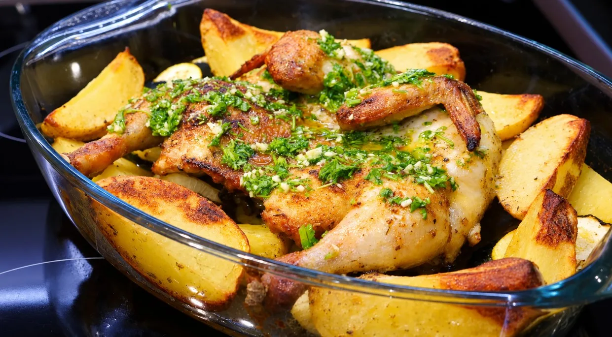 Большой глубокий противень со светлой румяной курицей, разложенной плоской «книжкой», вокруг лежат золотистые дольки картофеля и зеленые кружки кабачков