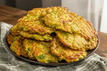Тарелка с горкой круглых румяных оладий из кабачка и картошки
