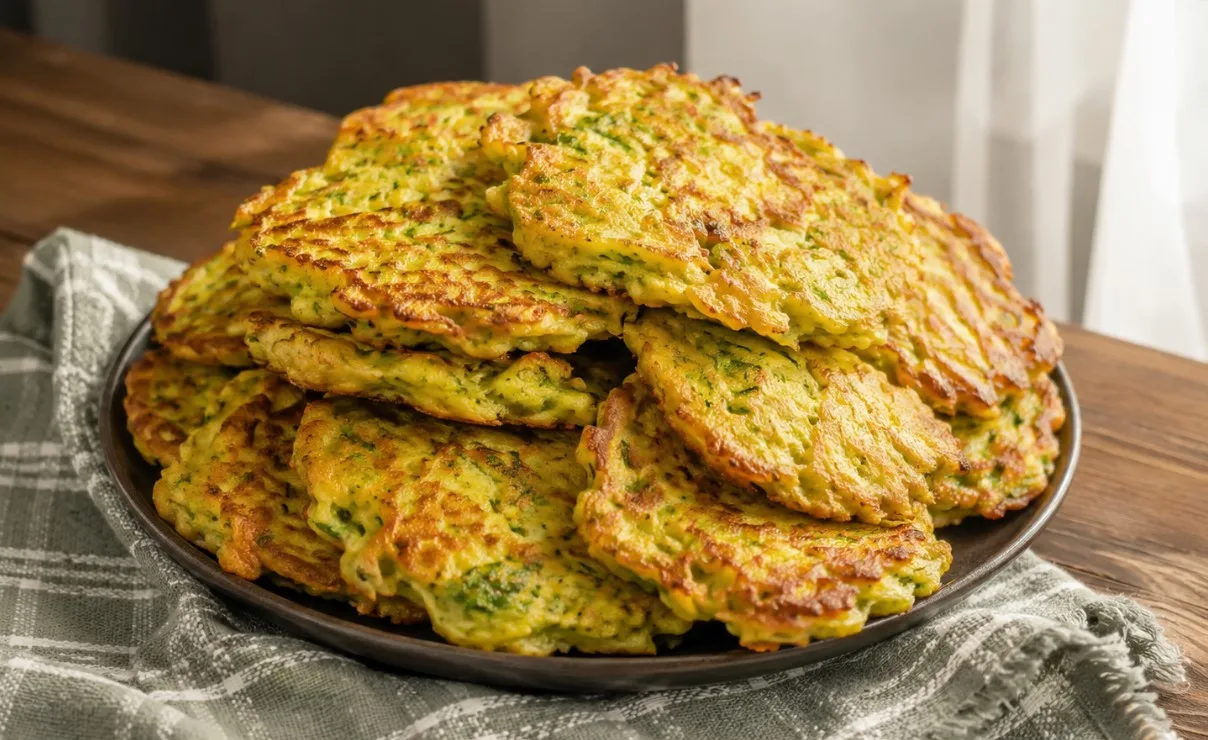 Тарелка с горкой круглых румяных оладий из кабачка и картошки