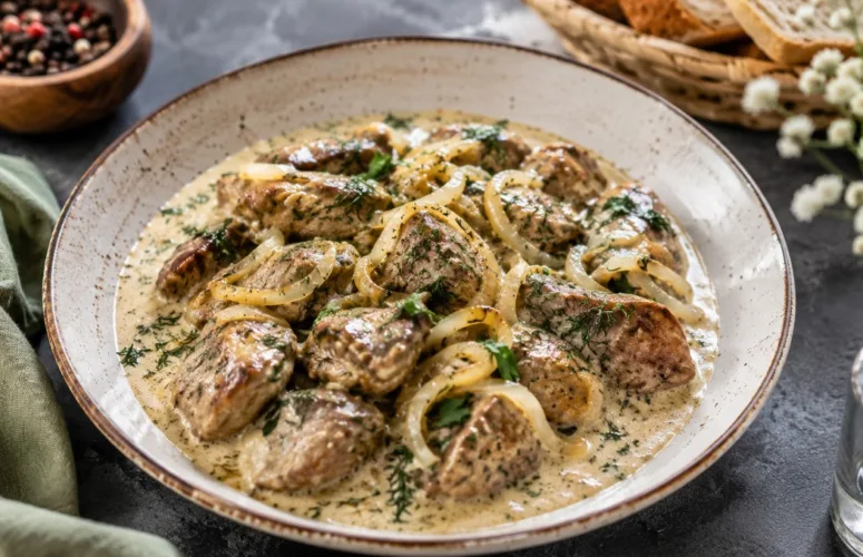 Сочная куриная печень с луком в густой ароматной подливе