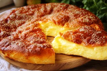 Большой круглый румяный картофельный пирог, посыпанный кунжутом, в разрезе видны многочисленные чередующиеся слои тонкого теста и желтой картофельно-сырной начинки