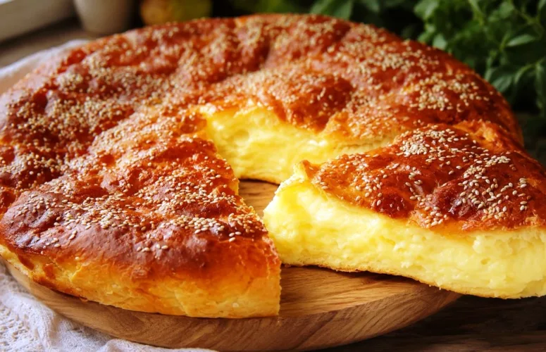 Большой круглый румяный картофельный пирог, посыпанный кунжутом, в разрезе видны многочисленные чередующиеся слои тонкого теста и желтой картофельно-сырной начинки