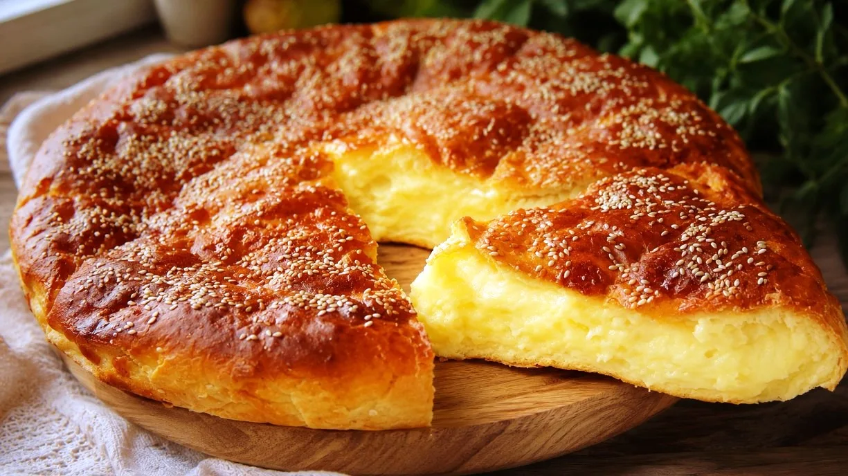 Большой круглый румяный картофельный пирог, посыпанный кунжутом, в разрезе видны многочисленные чередующиеся слои тонкого теста и желтой картофельно-сырной начинки
