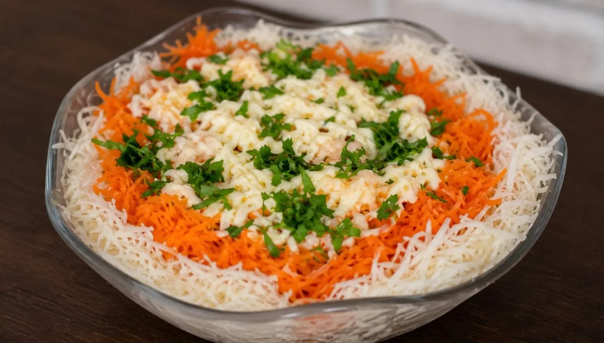 Салат с тёртой морковью, зелёным горошком и тёртым сыром в салатнике