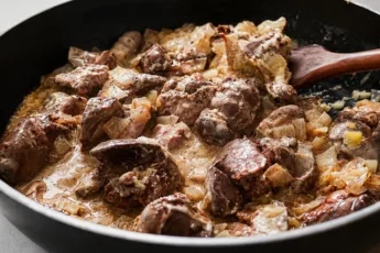 Нежная куриная печень в густом сметанно-луковом соусе на сковороде, кусочки мягкие и сочные, готовые к подаче с гарниром
