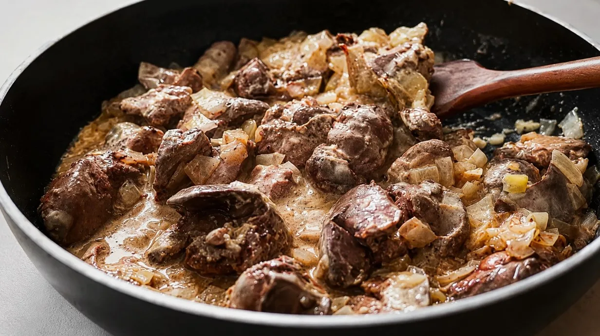 Нежная куриная печень в густом сметанно-луковом соусе на сковороде, кусочки мягкие и сочные, готовые к подаче с гарниром