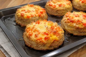 Большой противень, уставленный пышными круглыми мясными котлетами с высокой румяной шапкой из расплавленного золотистого сыра, кусочков красного помидора и ароматных зеленых трав