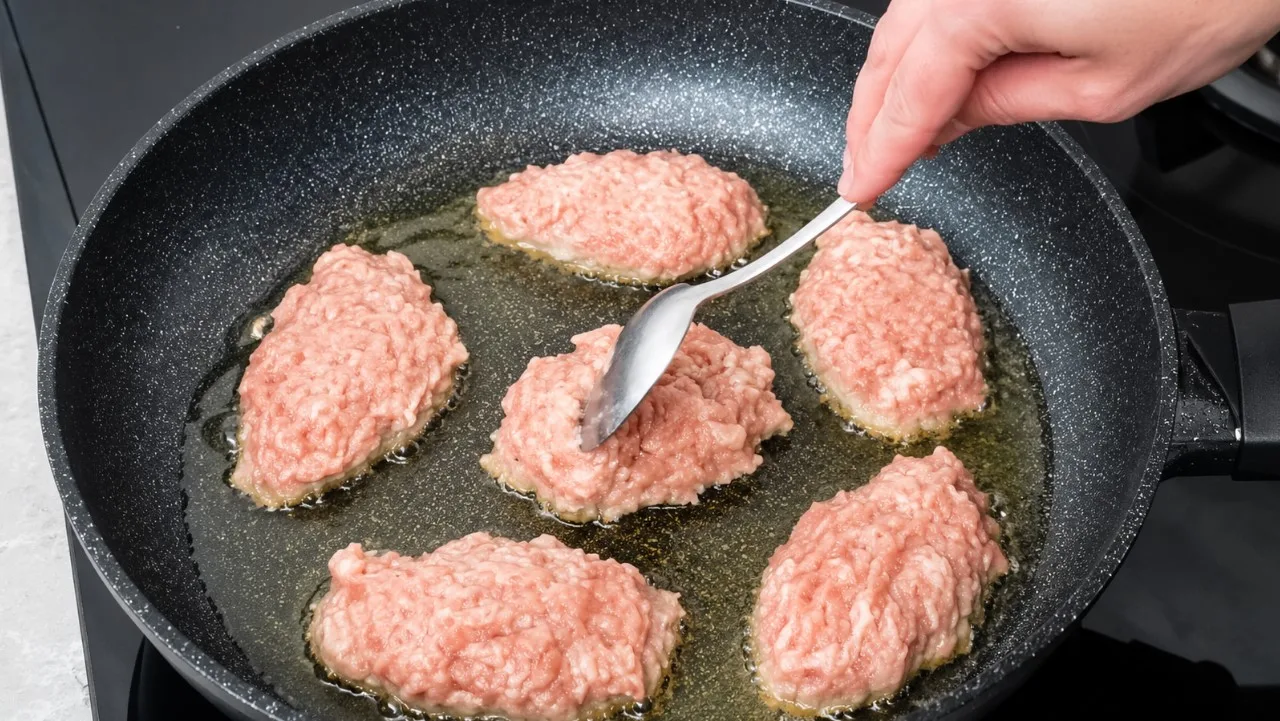 Румяные мясные оладьи с фаршем на кефире в сковороде, готовые к подаче с гарниром