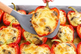 Запеченные перцы-половинки с сочной жюльенной начинкой из курицы и грибов, покрытые расплавленным золотистым сыром