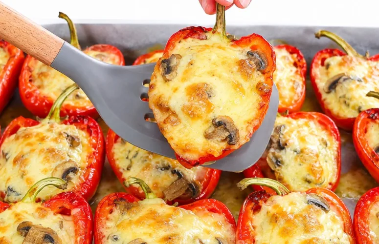 Запеченные перцы-половинки с сочной жюльенной начинкой из курицы и грибов, покрытые расплавленным золотистым сыром