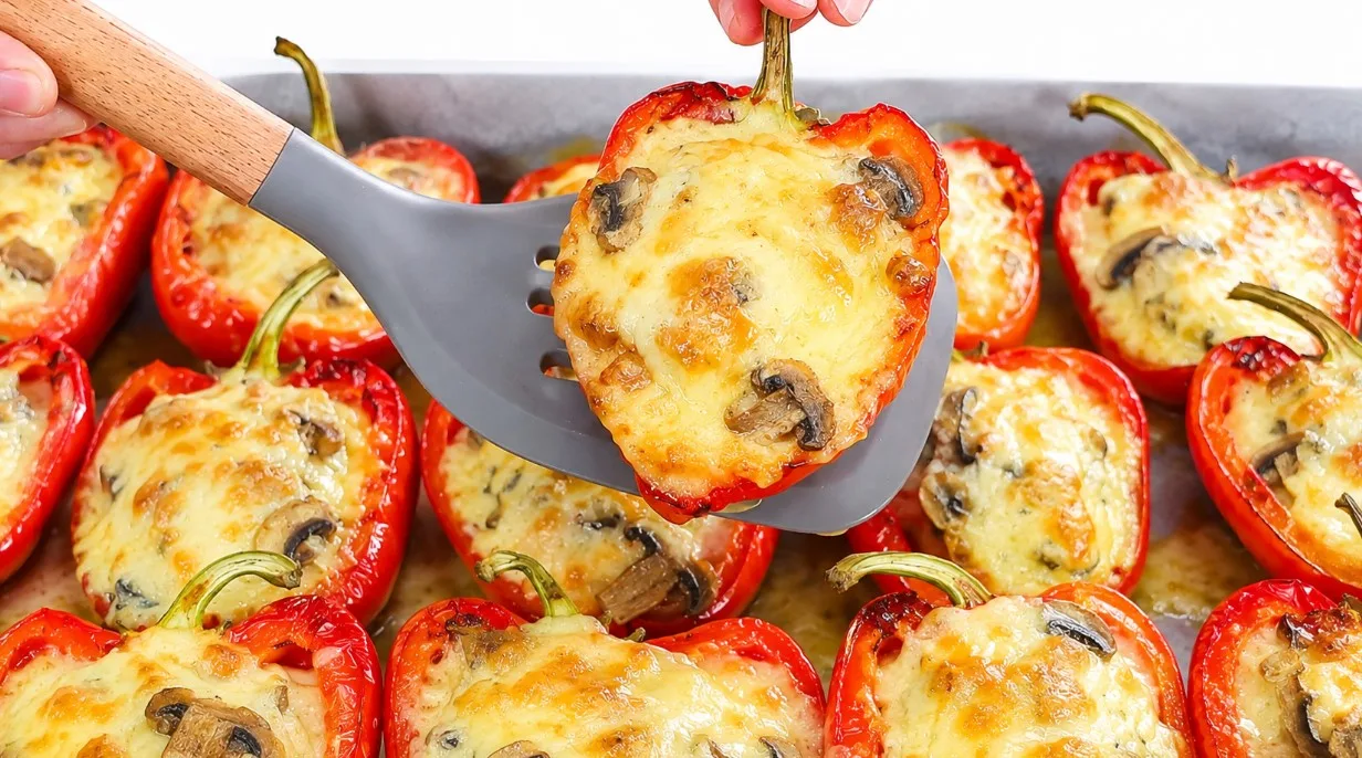 Запеченные перцы-половинки с сочной жюльенной начинкой из курицы и грибов, покрытые расплавленным золотистым сыром