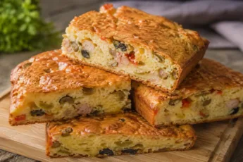 Румяный запеченный заливной пирог на кефире с кунжутной корочкой, нарезанный на порционные куски
