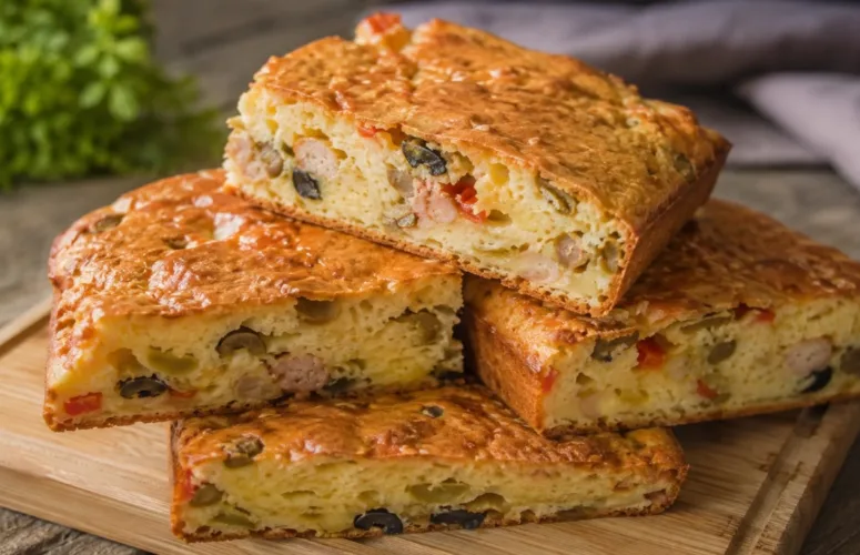 Румяный запеченный заливной пирог на кефире с кунжутной корочкой, нарезанный на порционные куски