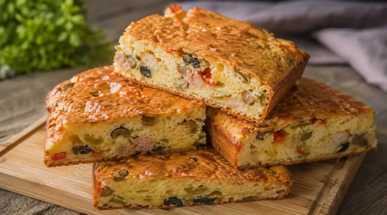 Румяный запеченный заливной пирог на кефире с кунжутной корочкой, нарезанный на порционные куски