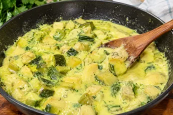 Глубокая сковорода с аппетитным рагу, где кусочки сочного белого куриного мяса и зеленые кубики кабачков обильно покрыты густым ярко-желтым сметанным соусом с куркумой