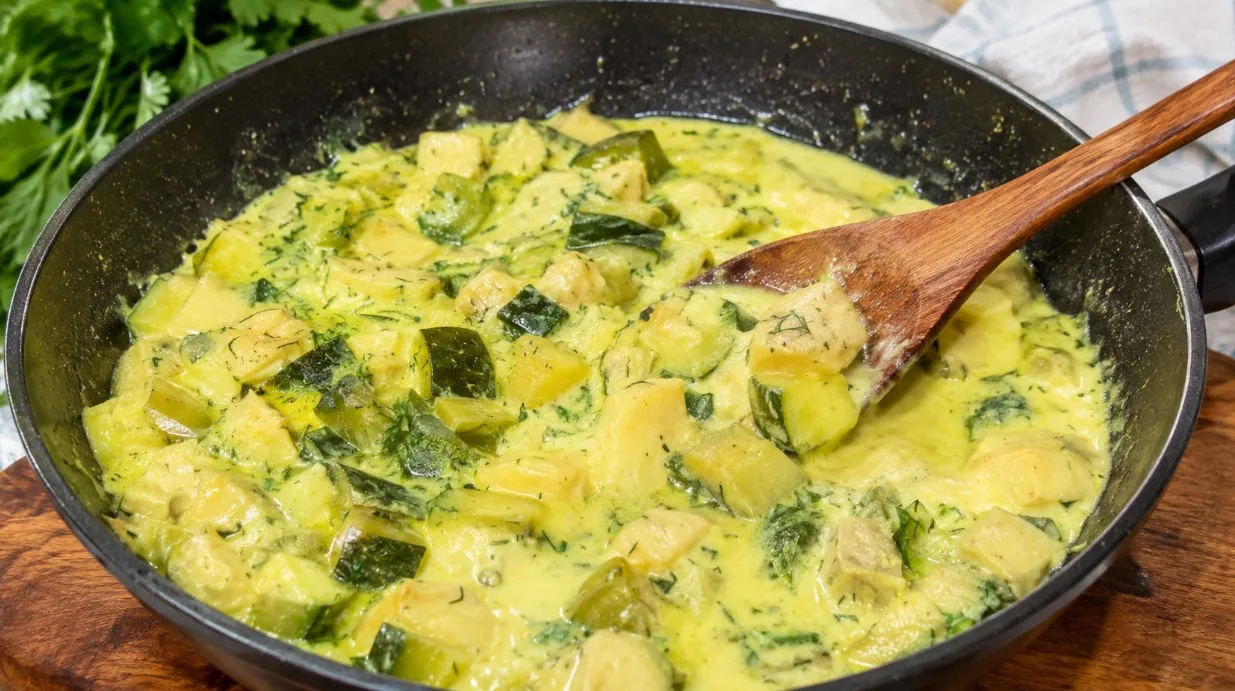 Глубокая сковорода с аппетитным рагу, где кусочки сочного белого куриного мяса и зеленые кубики кабачков обильно покрыты густым ярко-желтым сметанным соусом с куркумой