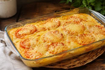 Пышная золотистая белковая запеканка круглой формы в разрезе, на верхушке которой запеклись кружочки красных помидоров под румяной расплавленной корочкой из сыра