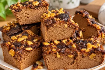 Разрез яблочного брауни с влажной шоколадной текстурой и кусочками яблок внутри, посыпан орехами сверху