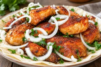 Кусочки сочной курицы в глянцевом соусе на лаваше с луком и зеленью