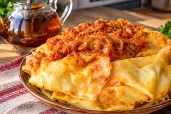 Ханум с картофельной начинкой в глубокой тарелке, политый луково-томатным соусом