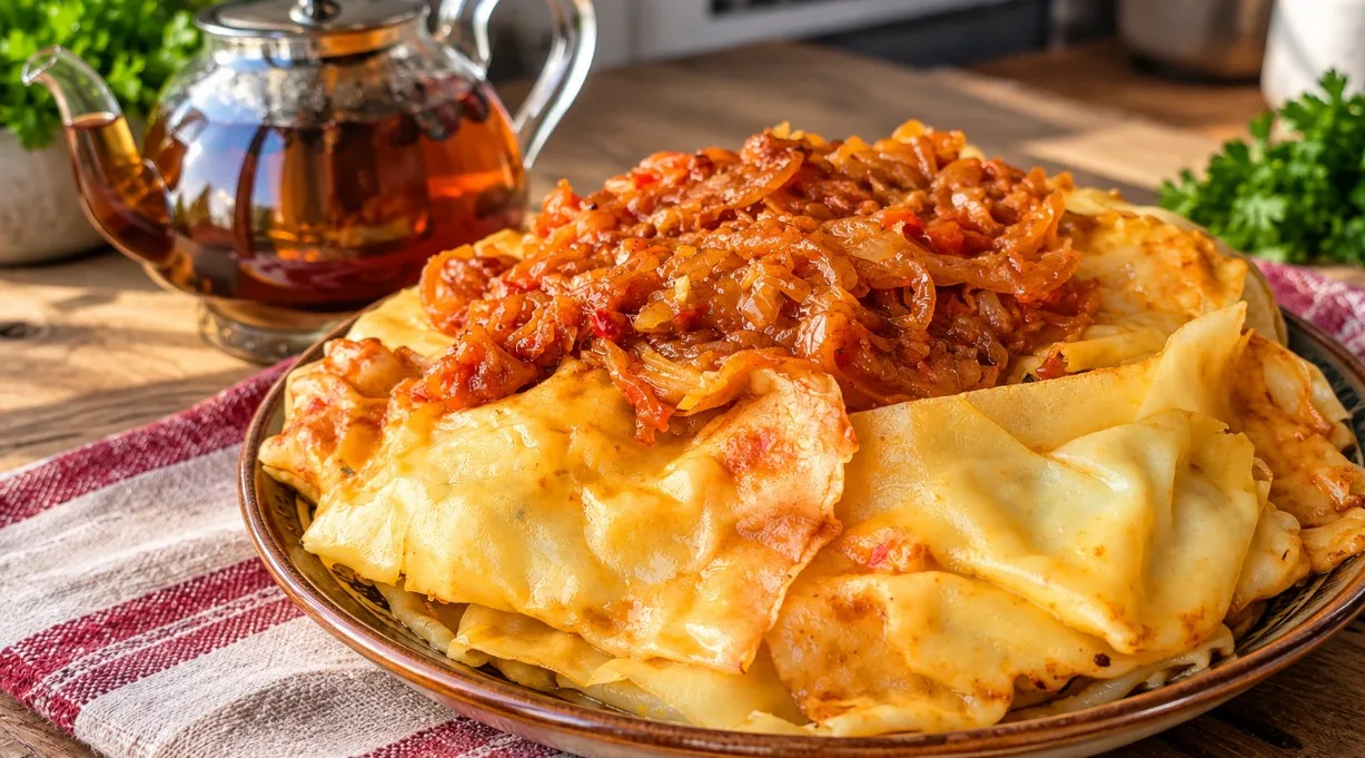 Ханум с картофельной начинкой в глубокой тарелке, политый луково-томатным соусом
